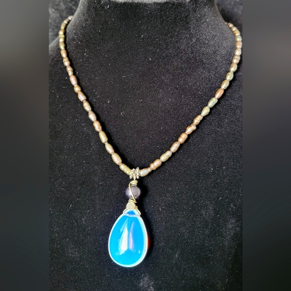 Vintage Glass Rice Pearl With Natural Moonstone Pendant - Picture 1 of 2